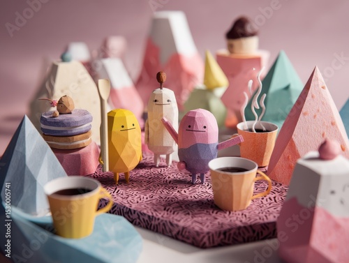 Colorful geometric figures and whimsical characters in a playful scene.