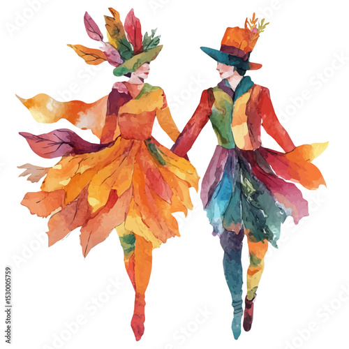 watercolor of Fall Parade Colorful Costumes, vector, isolated on a white background.