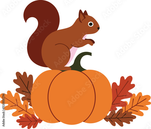 Squirrel sitting on orange pumpkin with autumn leaves around in fall season vector illustration 