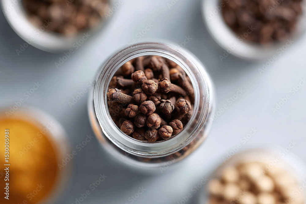 Fototapeta premium Overhead shot showcases cloves in a jar among spices. Perfect for illustrating food, cooking, recipe, or health concepts. Evokes warmth and flavor.