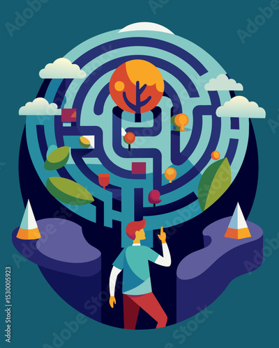 Each turn in the mind maze reveals a different facet of the persons psyche from fears and doubts to hopes and dreams all intertwining to create a complex mental landscape.. Vector illustration