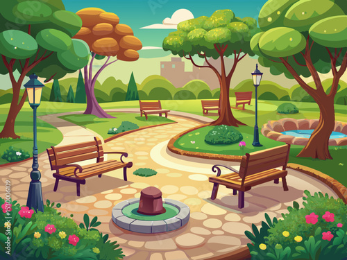 vector of A beautiful park covered with cobblestones and rest areas and park chairs to sit...