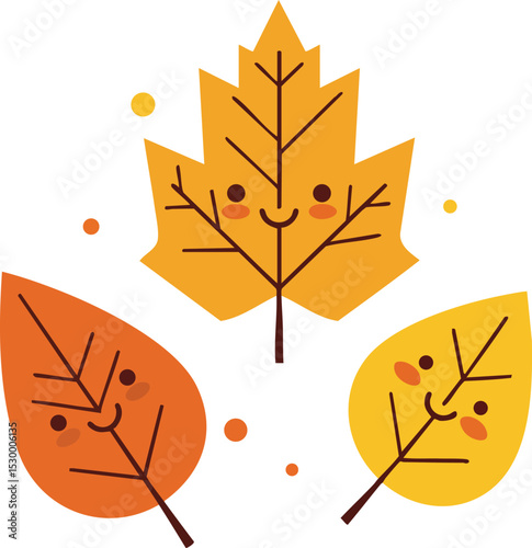 Smiling autumn leaves in orange and yellow colors with cute faces vector illustration for fall season design 