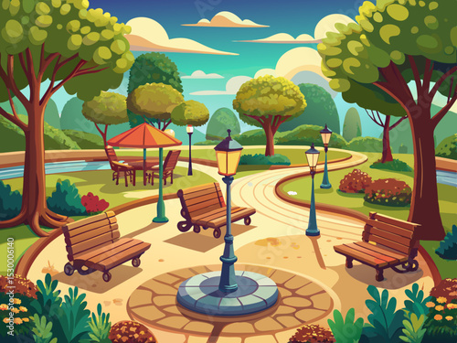 vector of A beautiful park covered with cobblestones and rest areas and park chairs to sit...
