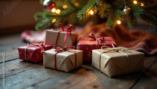 Several aged packages with twine bows, nestled under a glowing Christmas tree , tree, paper