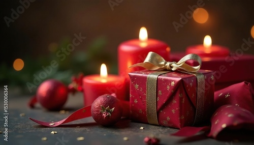 Wrapped treasures, candlelit ambiance, glowing surfaces , design, stock photo