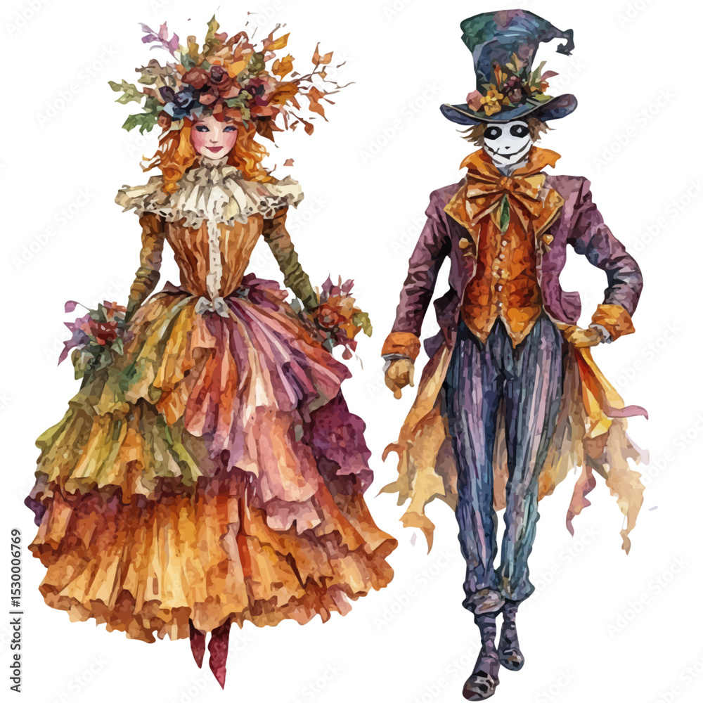 Fototapeta premium watercolor of Fall Parade Colorful Costumes, vector, isolated on a white background.