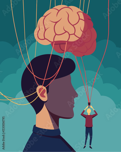 Strings tangled around a persons brain manipulated by a mastermind to think and behave in a specific way.. Vector illustration