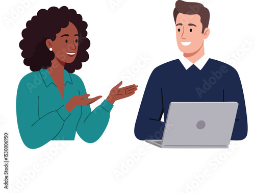 Two colleagues discussing project ideas with laptop computer in modern office environment vector illustration 