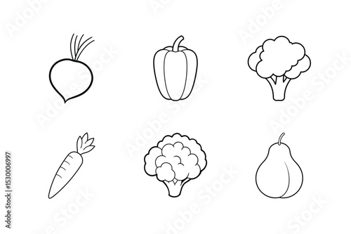 Vegetables collection fresh garden produce healthy food set one Line Art Vector illustration