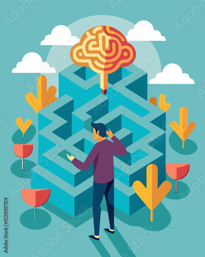 Despite the frustration and confusion the person cant help but feel a sense of wonder and curiosity as they uncover new corners and pathways within the complex maze of their own. Vector illustration