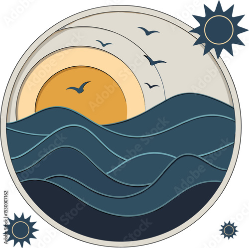 Calming Abstract Sunset Scene in Paper Cut Art Style  Circular Design with Ocean Waves and Warm Sun Glow