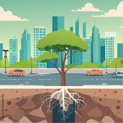 Nature vs. Urban Sprawl – Half city/half forest, roots pushing up through sidewalk.
