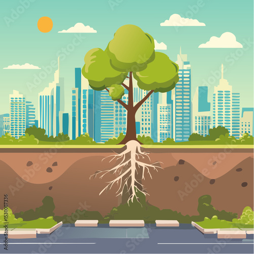 Nature vs. Urban Sprawl – Half city/half forest, roots pushing up through sidewalk.
