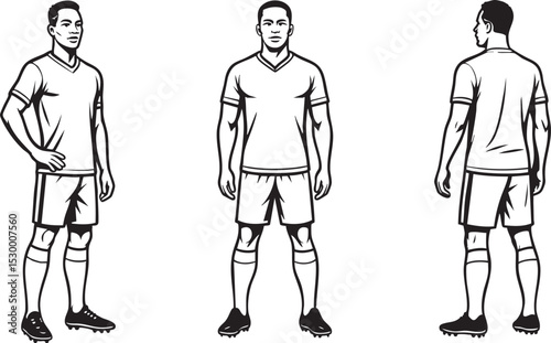 Male soccer player vector characters standing front and back poses, uniform designs for football branding, team formation graphics, coaching training kits, sports apparel print