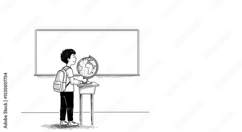 Fototapeta premium Curious boy studying a globe in a classroom setting with a blank chalkboard background, educational concept of schools, tutoring, or geography lessons