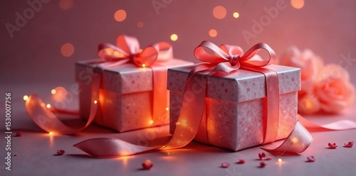 Intricate gift boxes, adorned with glowing silk ribbons; ethereal ambiance , texture, sparkling, close up