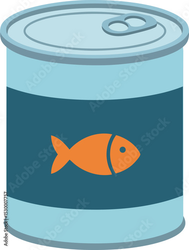 Canned fish tin with orange fish icon and blue label simple vector illustration design