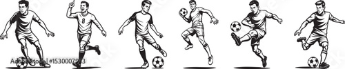 Football players multiple motion kicking running dribbling illustrations for soccer technique training books, posters, sport design kits, coaching and merchandise artwork