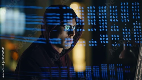 Code projection hacker breaking system at night room closeup. Cyber attacker