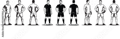 Soccer team lineup standing characters male and female football players posing for league promo posters, team apparel, coaching, training graphics and merchandise design