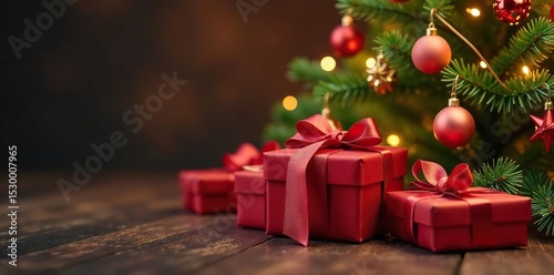 Luxury gift boxes with satin bows nestled beneath a decorated Christmas tree, red, ribbon