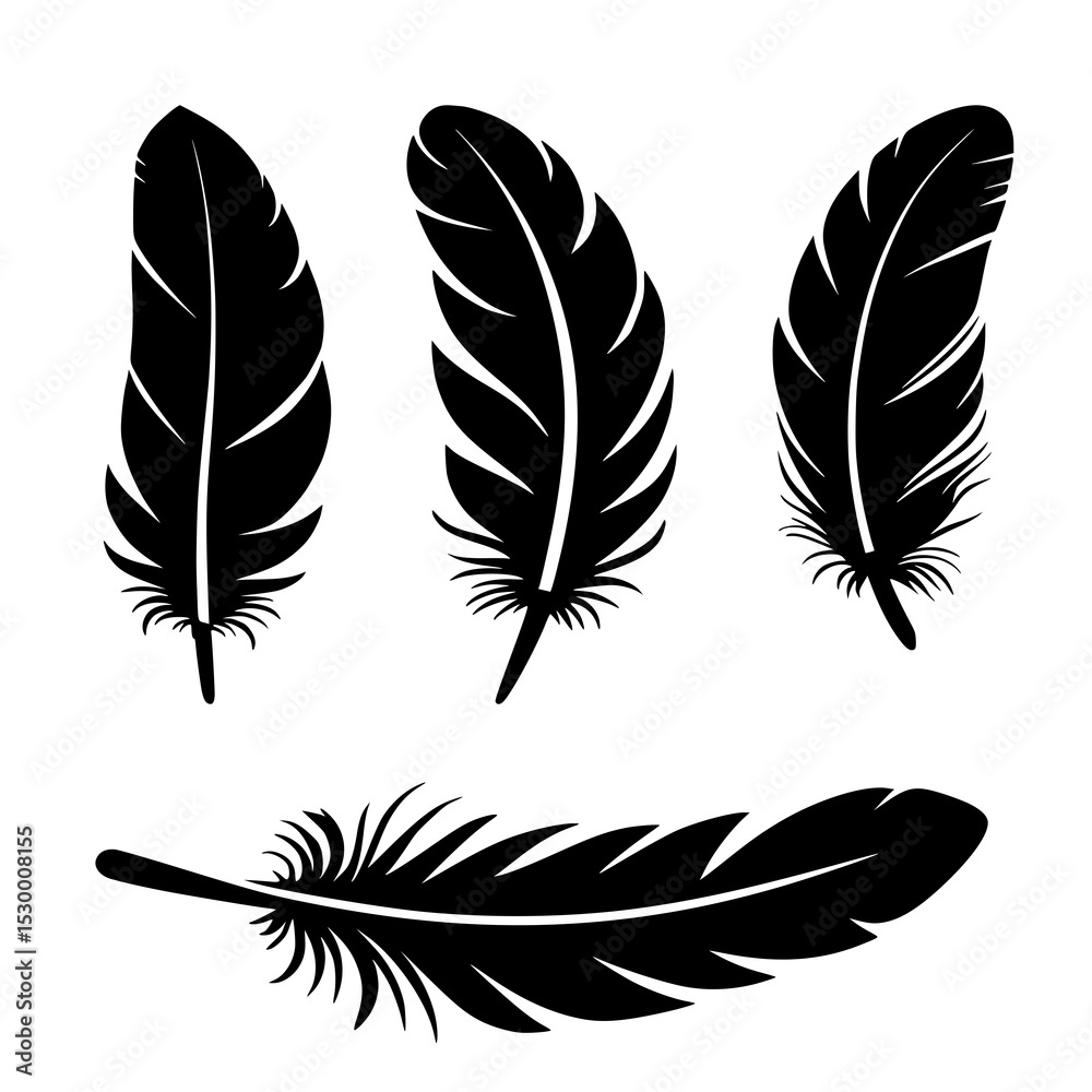 Fototapeta premium Feather silhouette set with light floating designs and natural curve vector illustration