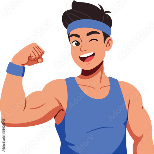 Muscular young man showing biceps flexing arm strength in blue tank top and headband vector illustration 