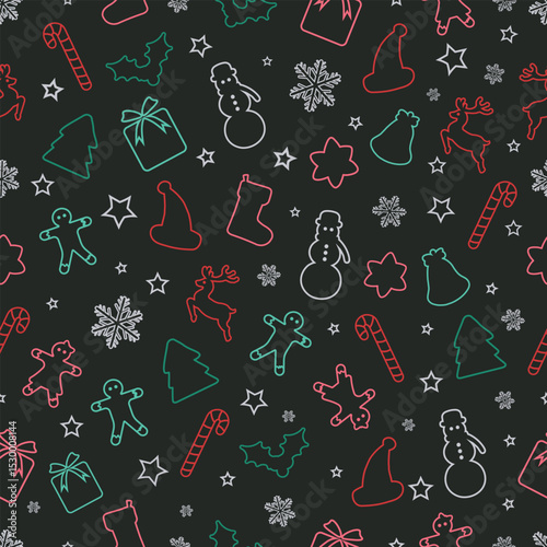 Christmas Outline Seamless Pattern. Christmas and New year Holiday Repeatable Pattern. Decorative Elements Texture for Wallpaper, Gift Wrapping paper, Card or Banner Template or Fabric Textile Prints.