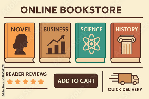 Virtual Bookshop Essentials. Online bookstore. Vector illustration of book covers, genres, reader reviews, cart button, and quick