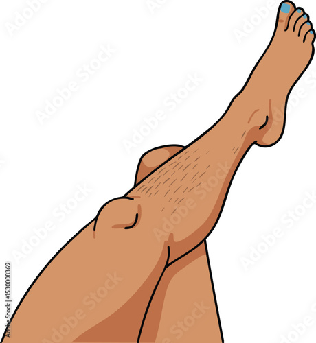 Human legs crossed with blue toenail polish detailed vector illustration in natural skin tone and hair texture