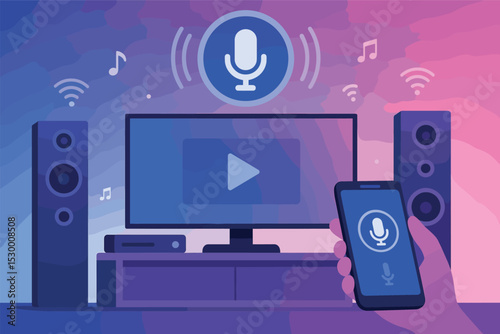 Smart Entertainment Setup. Smart entertainment Vector illustration with voice control over TV, speakers, and media system with