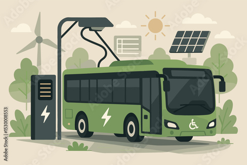 Electric Bus Charging. Vector illustration of electric bus at a charging station with renewable energy icons, timetable display,