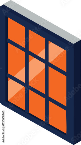 Isometric window frame with orange glass panes and dark blue border illustration design vector art 