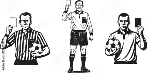 Soccer referee character illustration holding red yellow card and football for rule book design, league promo posters, coaching guides, youth tournament graphics and branding