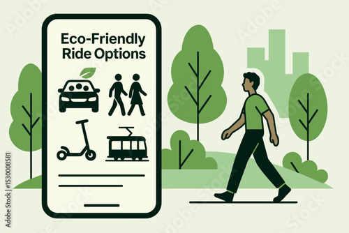 Eco-Friendly Travel Options. Eco-friendly ride options — Vector illustration of app offering carpool, walking, scooter, and tram
