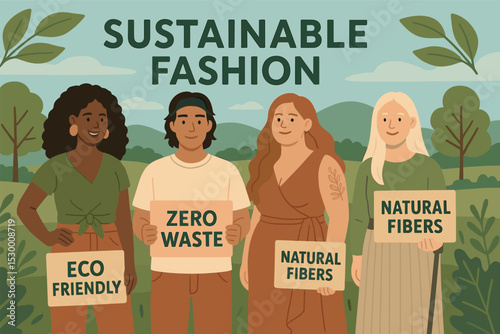 Inclusive Sustainable Fashion. Vector illustration of sustainable fashion campaign with inclusive models, nature backdrop, and