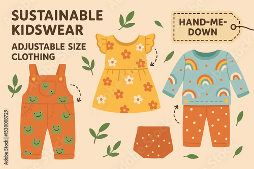 Eco-Friendly Kidswear. Vector illustration of sustainable kidswear line with adjustable size clothing, playful patterns, and