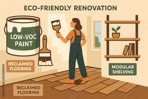 Eco-Friendly Renovation Concepts. Illustration in vector format of eco-friendly renovation: low-VOC paint, reclaimed flooring, and