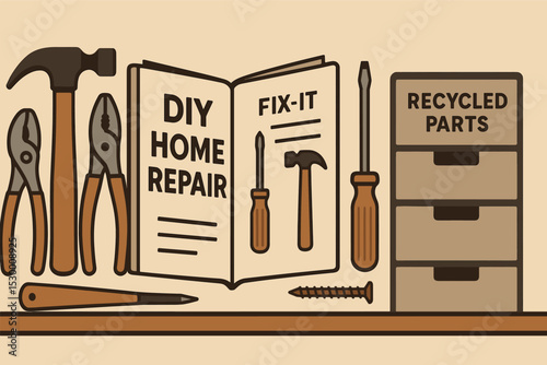 DIY Home Repair Scene. Vector illustration of DIY home repair scene using durable tools, fix-it guide, and recycled parts drawer