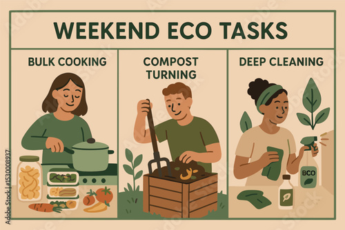Eco-Friendly Weekend Tasks. Vector illustration of weekend eco tasks board: bulk cooking, compost turning, deep cleaning with safe