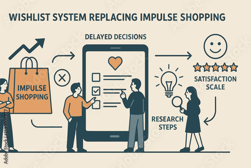 Smart Shopping System. Vector illustration of wishlist system replacing impulse shopping: delayed decisions, research steps, and