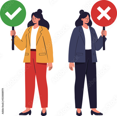 Businesswoman holding positive and negative signs concept illustration with green and red symbols for correct and wrong choices 