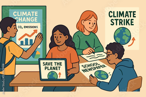 Students Craft Climate Infographics. Vector illustration of students designing climate infographics for community boards, social