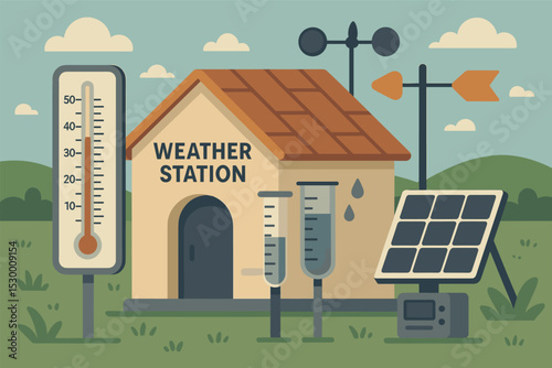Weather Station Equipment. Vector illustration of weather station building activity with thermometer, rain gauge, wind spinner,