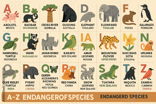 Endangered Species Alphabet. Vector illustration of illustrated A-Z wall of endangered species with name, shape, color, and