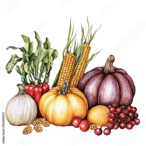 Fall Crops Harvested Softly, watercolor drawing vector, isolated on a white background.