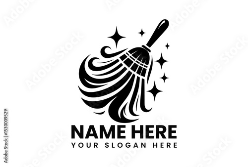 Dynamic black silhouette vector of broom sweeping with sparkling circular motion for professional cleaning service branding