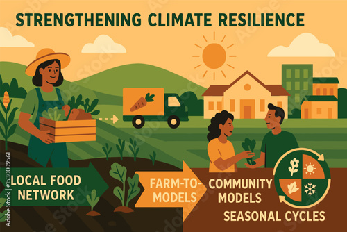 Sustainable Local Food Network. Vector illustration of local food network strengthening climate resilience with farm-to-community