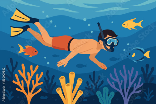 Snorkeling Adventure Underwater. Vector illustration of snorkeling activity with coral reef, tropical fish, flippers, and
